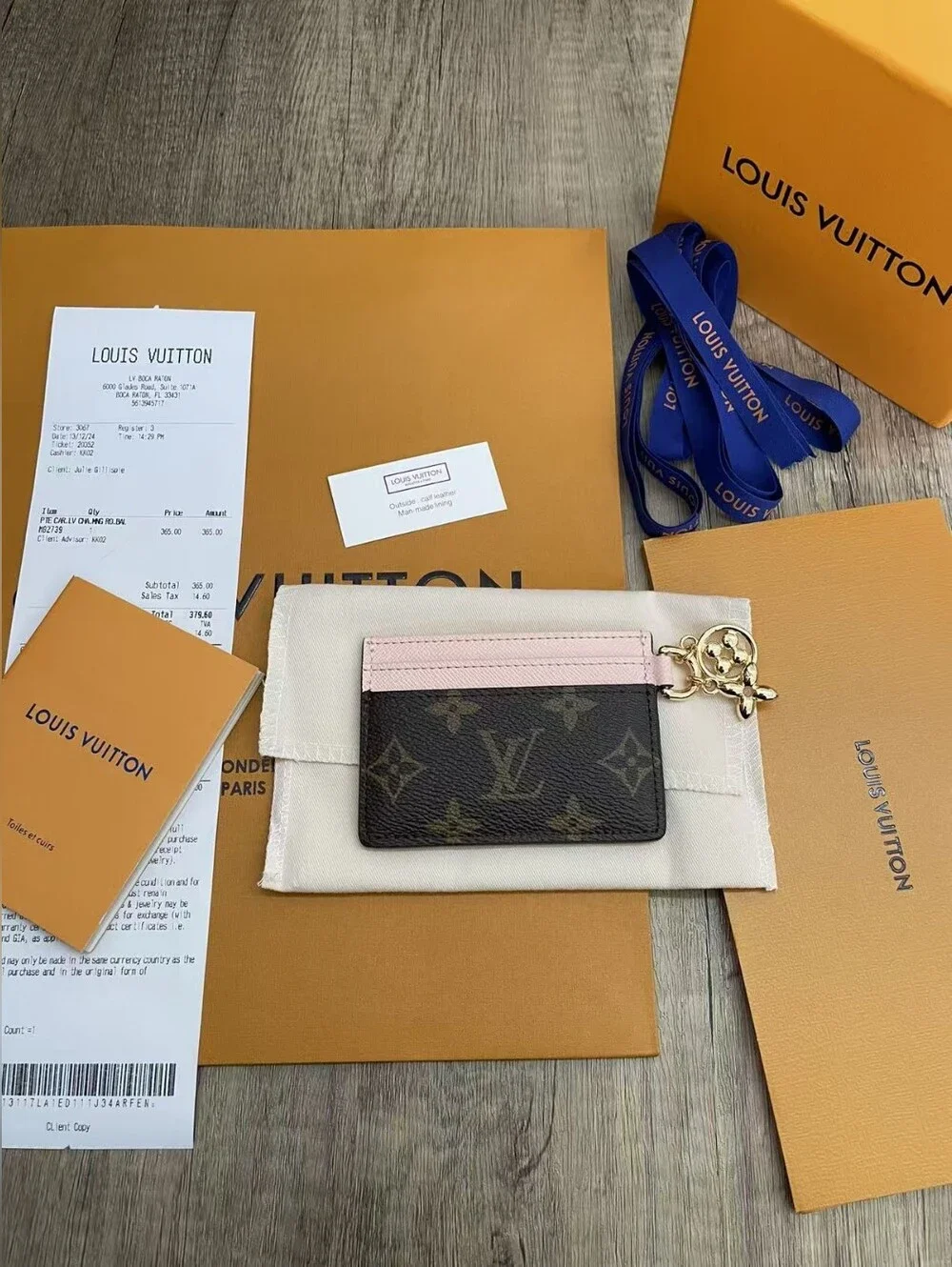 Louis Vuitton Monogram Card Holder with Pink Trim and Gold Charm Keyring